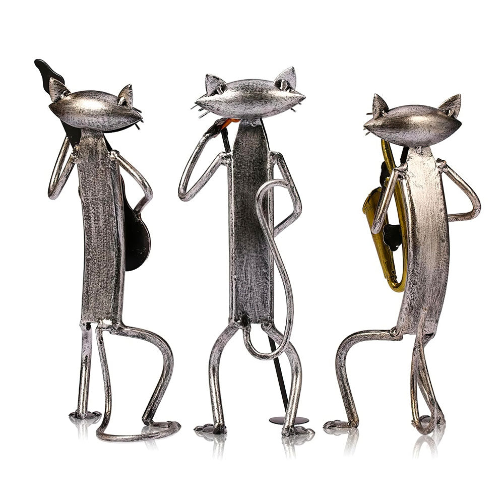 Statues de Chats Musiciens en Métal Vue de Dos