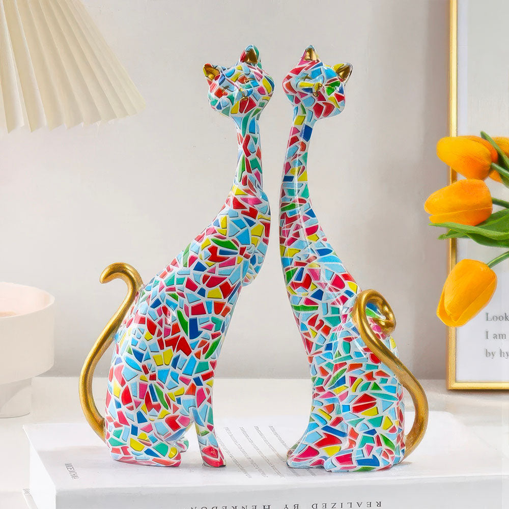 Couple de Chats Statues Graffiti Vitrail et Or 