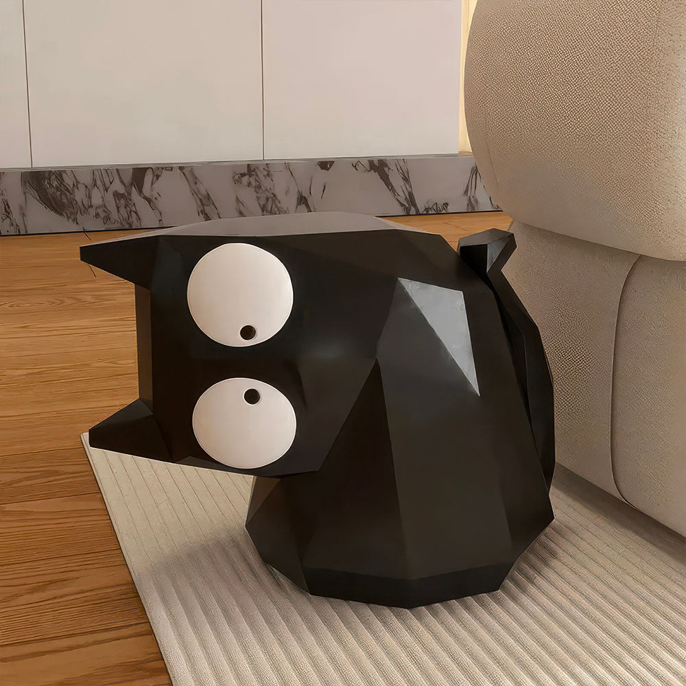 Chat Couché Table d'Appoint Noire Statue Plastique Résistant Style Cubique