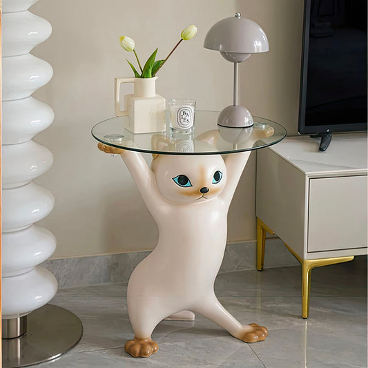 Elégant Chat Blanc en Résine Portant un Plateau en Verre Statue Desserte