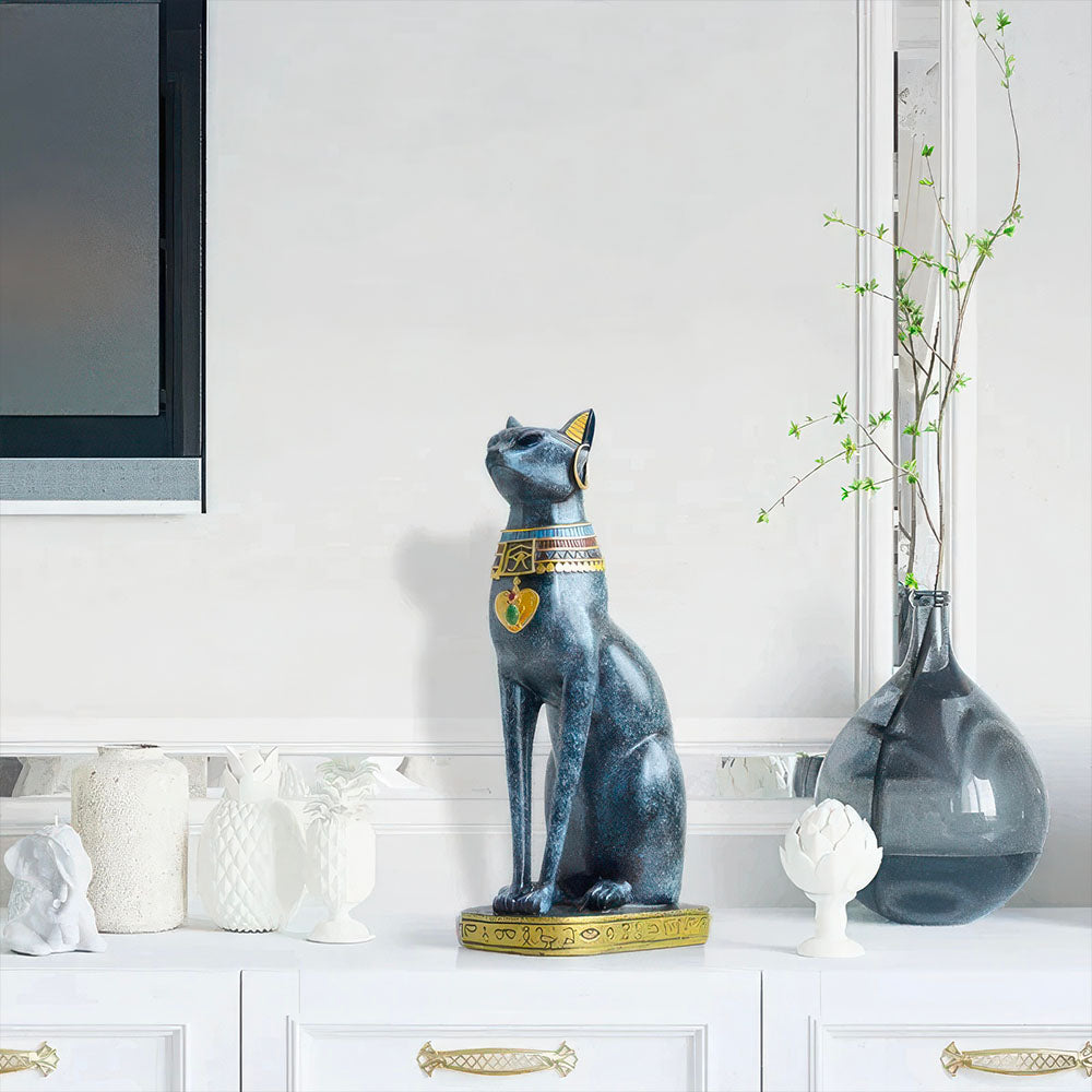 Chat Statue Déesse Bastet Egyptienne en Résine Bleue
