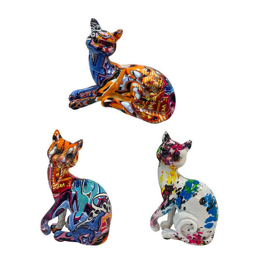Trio de Chats Mulicolores Statues en Résine
