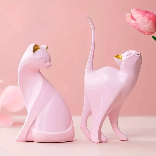 Duo de Chats Roses Statues Modernes