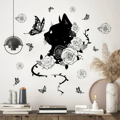 Chat Noir de Profil observant des Papillons Autocollant