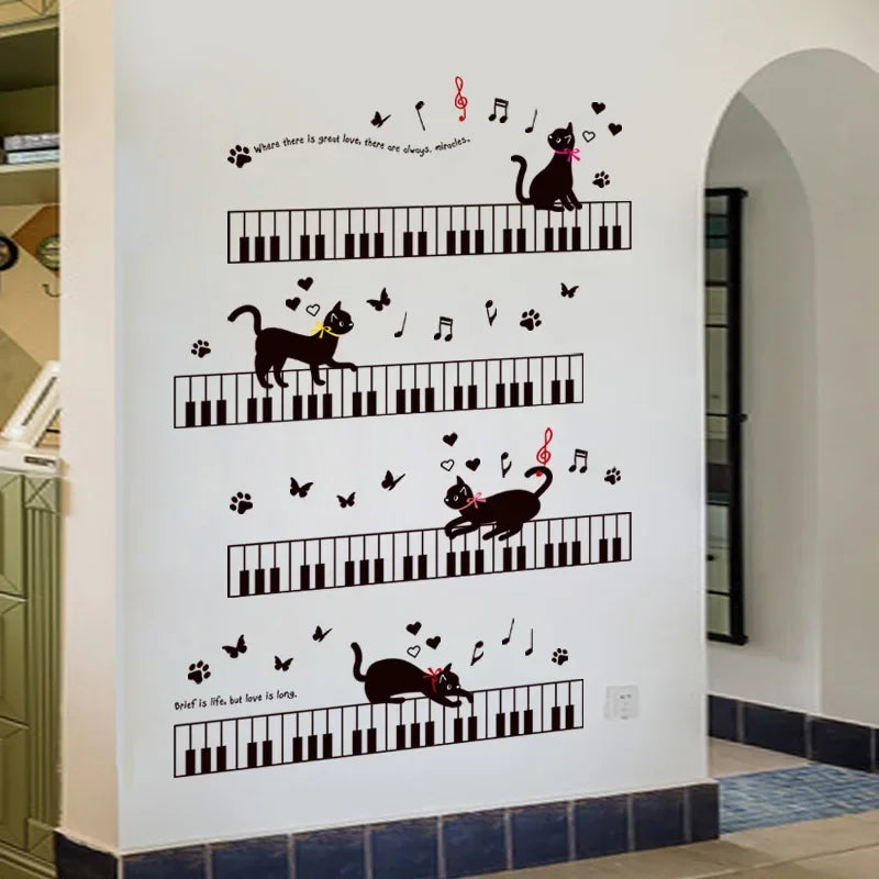 Stickers Chats Mignons Courant sur Claviers Piano Noirs et Rouges
