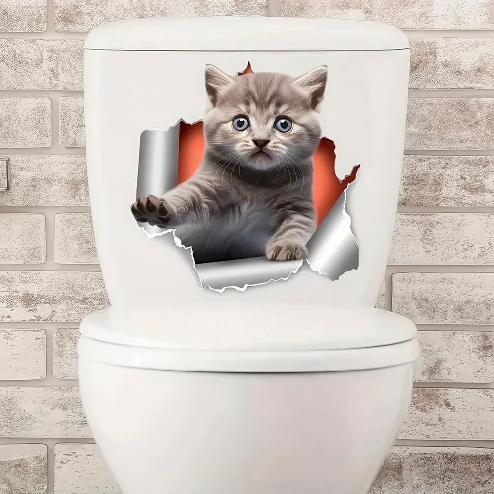 Chaton Design Kawaii Gris Sortant de la Chasse d'Eau Sticker 3D
