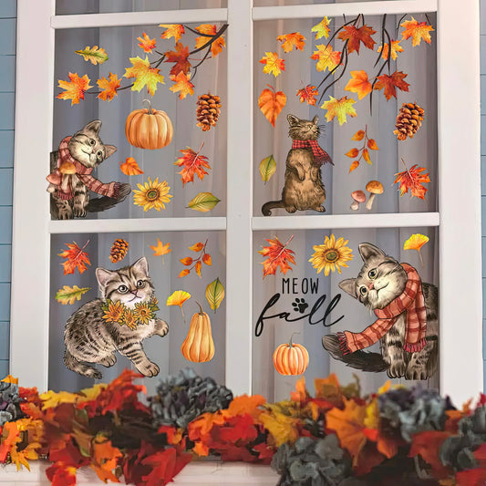 Chats et Feuilles Stickers d'Automne pour Fenêtres 