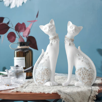 Statues Duo Chats Stylisés Blancs