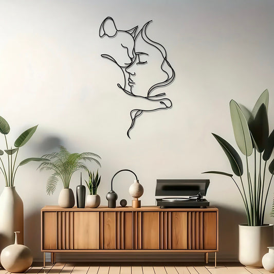 Décoration Murale en Métal Noir Motif Visage de Femme et Chat Enlacés