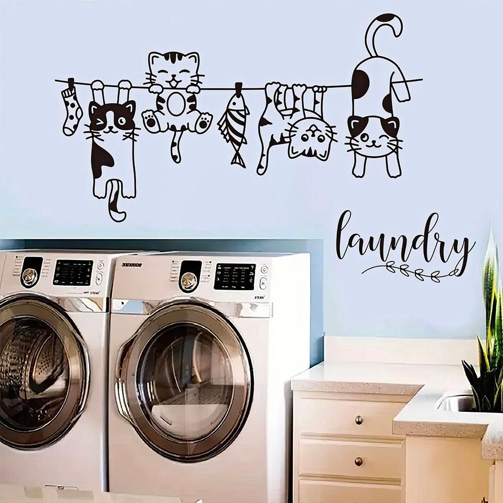 Chats Joueurs sur une Corde à Linge Sticker Noir et Blanc Design Cartoon