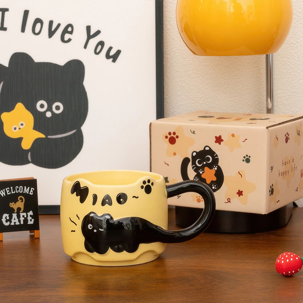 Tasse Jaune avec un Chaton Adorable en Relief Grande Queue qui Fait l'Anse 