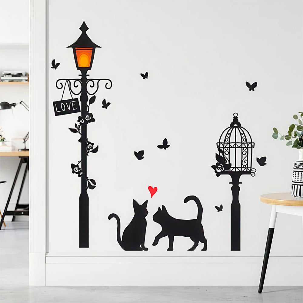 Stickers Chats Amoureux Lampadaire et Cage à Oiseaux Style Cartoon 