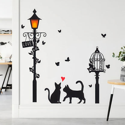 Stickers Chats Amoureux Lampadaire et Cage à Oiseaux Style Cartoon 