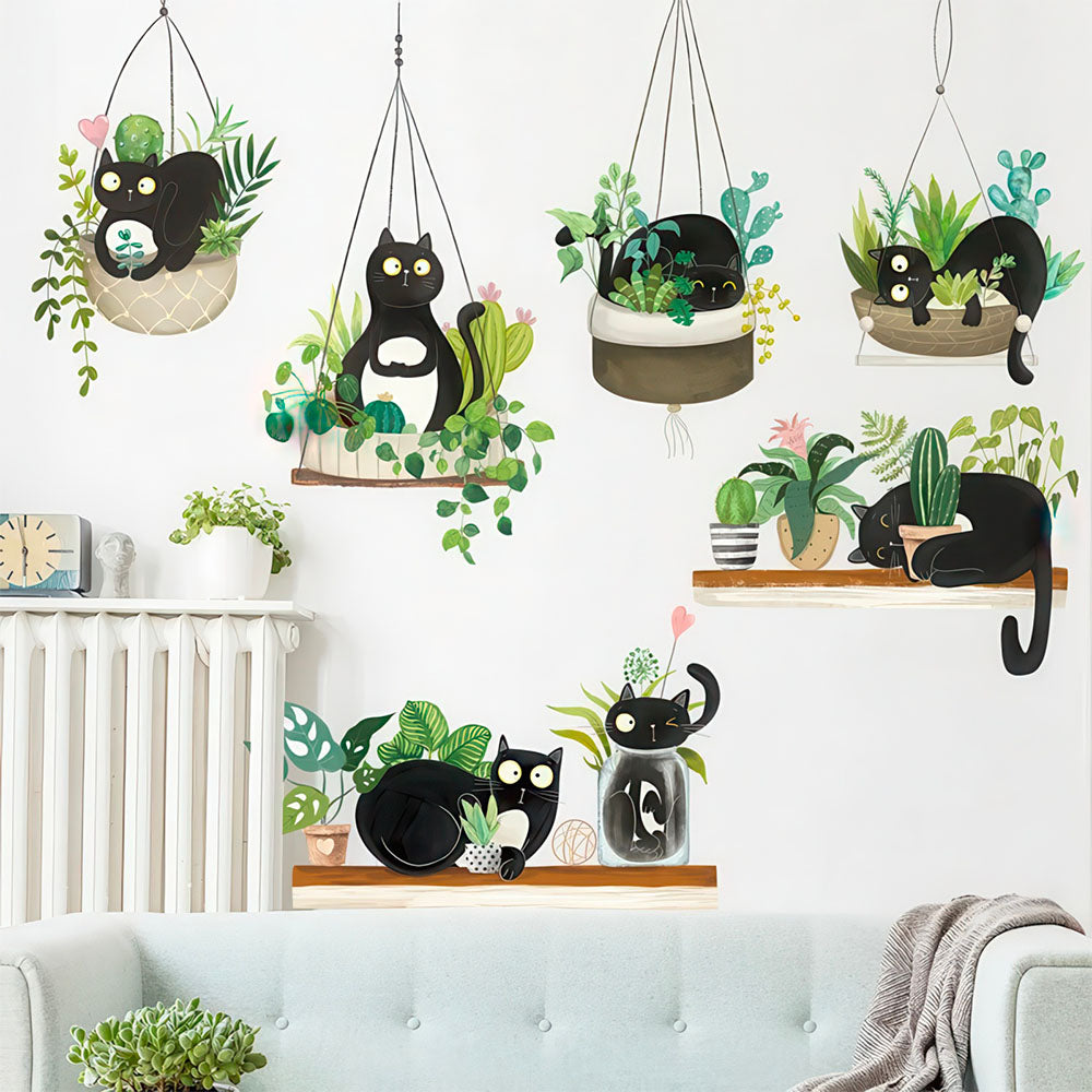 Chats Noirs Joueurs Rigolos dans les Plantes Suspendues Autocollants