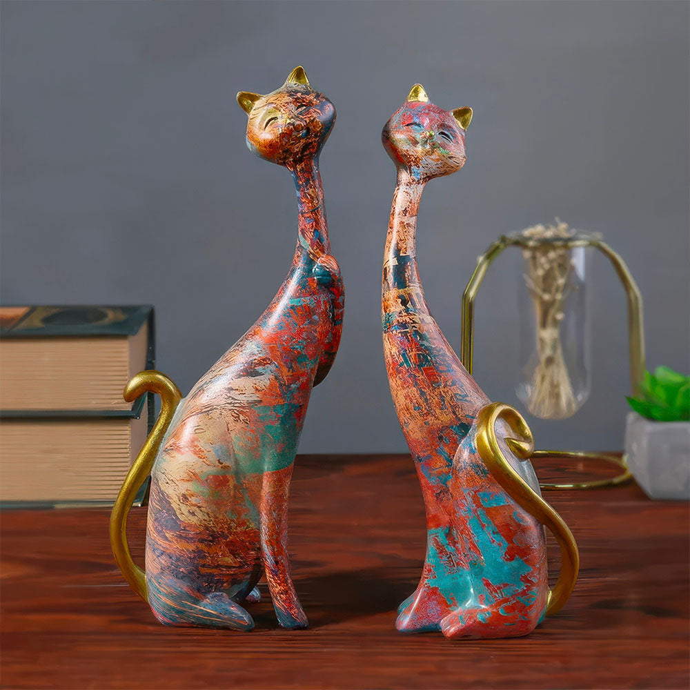 Chat en Couple Grandes Statues Colorées Style Graffiti Queue et Oreilles Or