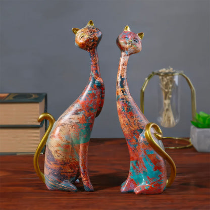 Chat en Couple Grandes Statues Colorées Style Graffiti Queue et Oreilles Or