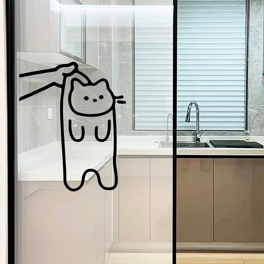 Chaton Pendu à une Main sur une Porte de Douche Sticker Noir