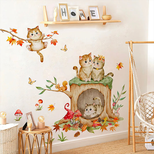 Adorables Chatons dans Souche d'Arbre Scène Automne Stickers 