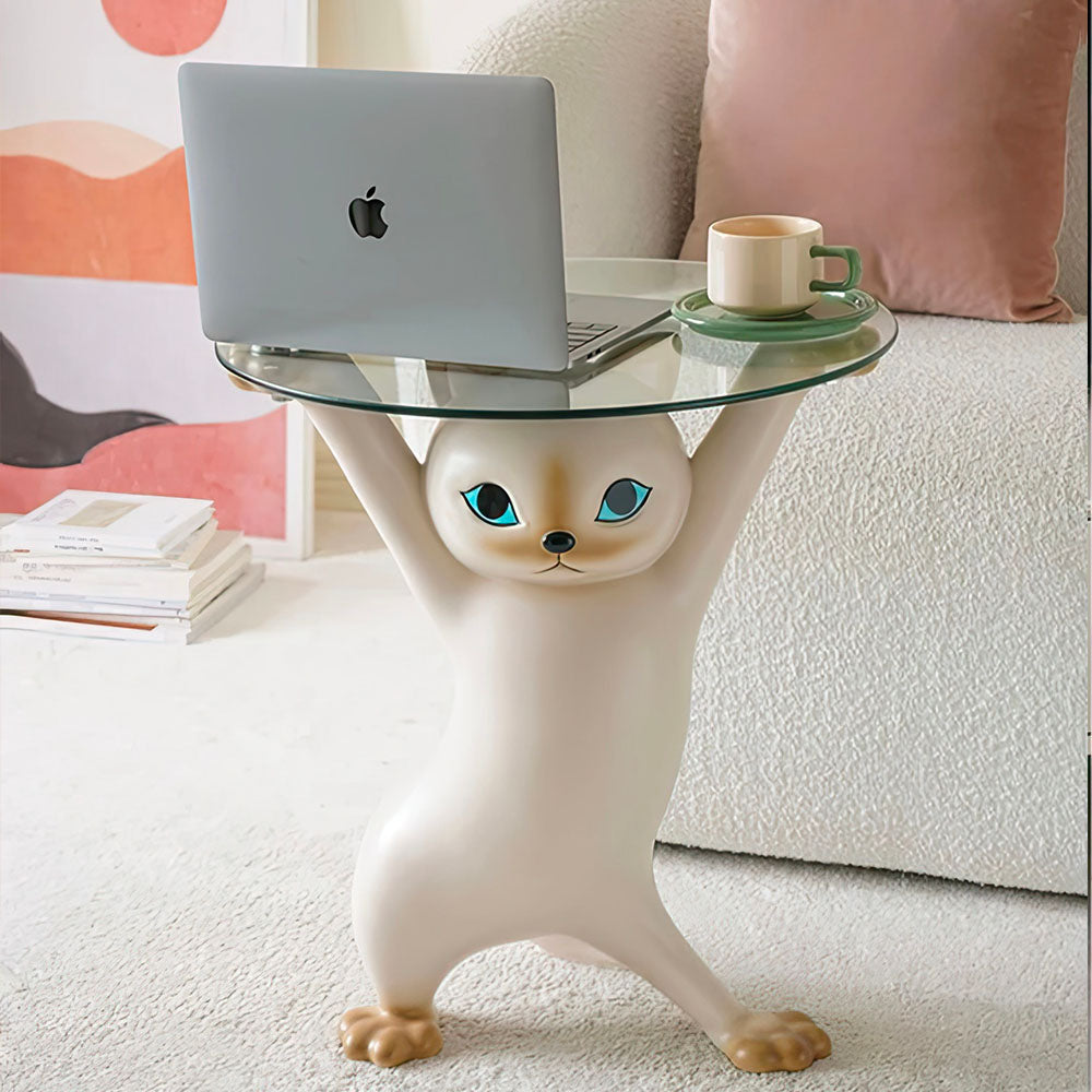 Chat Blanc Enchanteur Desserte Soulevant un Plateau Statue de Sol