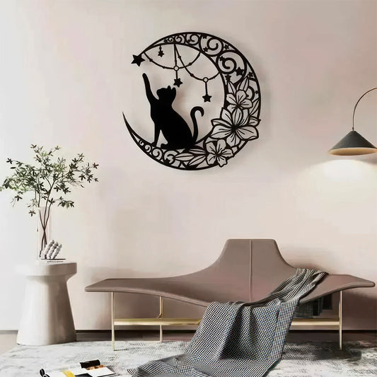 Décoration Murale en Métal Lune Fleurie, Etoiles et Chat Noir 