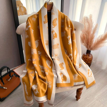 Foulard Motifs Chats Mignons, Jaune et Blanc pour Femme Imitation Cachemire 