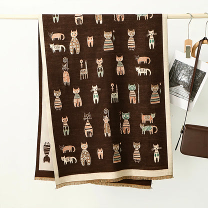 Grand Foulard Marron avec des Chats Mignons Tissés Bordures Crème et Franges
