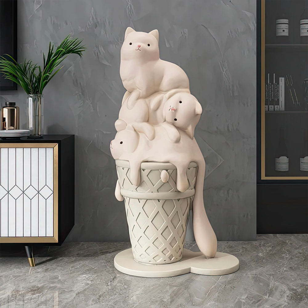 Chats Glacés Fondant dans un Cornet Grande Statue de Sol Blanc