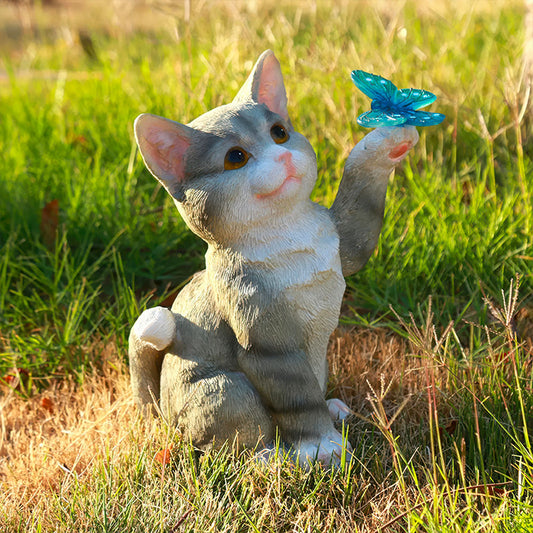 Chaton Gris et Papillon Lampe Solaire Extérieur