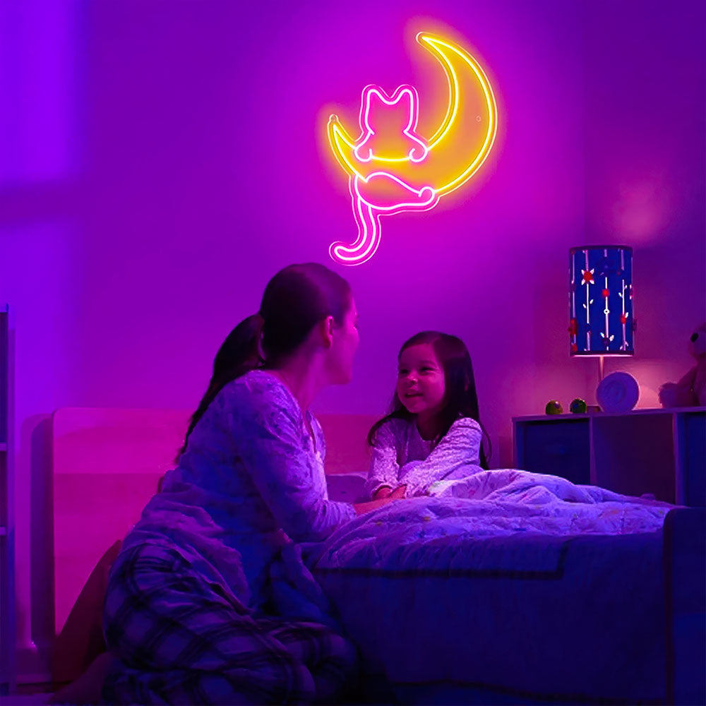 Veilleuse Chat Accroché à la Lune Lampe Led 