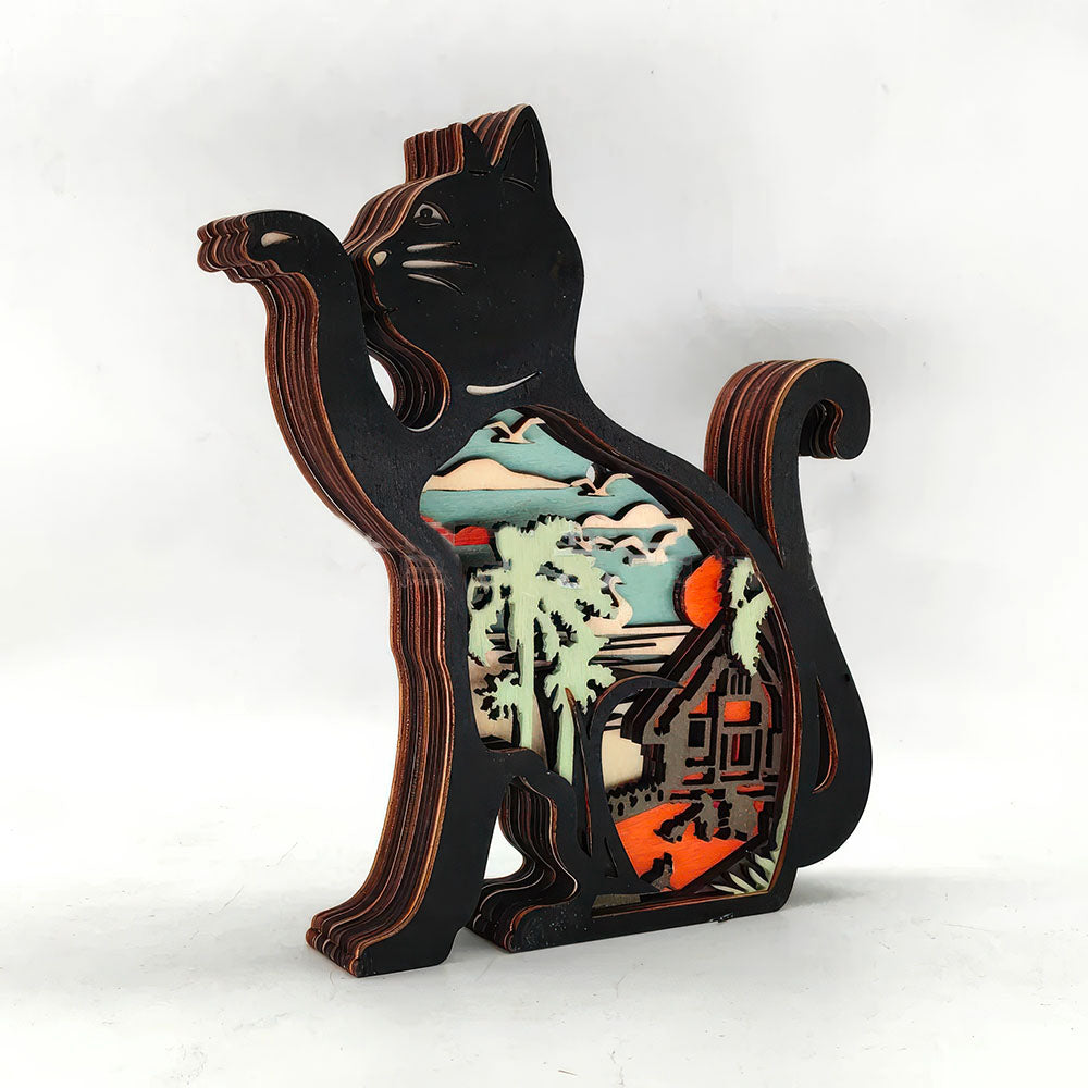 Lampe en Forme de Chat Bois Sculptée Paysage