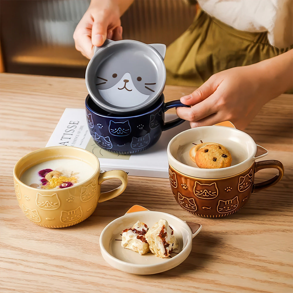 Adorable Tasse Japonaise Couvercle Motif Chaton Bleue Jaune et Marron