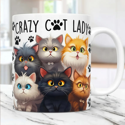 Mug pour Collectionneurs Crazy-Cat-Lady Blanc Dessin Colorés de Chatons 