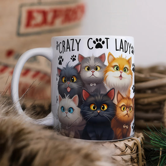 Mug Blanc avec Dessin Crazy Cat Lady Chats Espiègles 