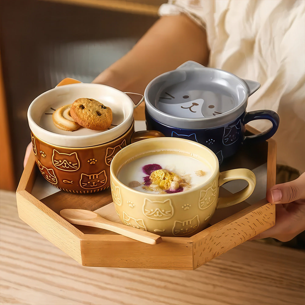 Tasses Mignonnes Motif Chat Style Japonais et Plateau 