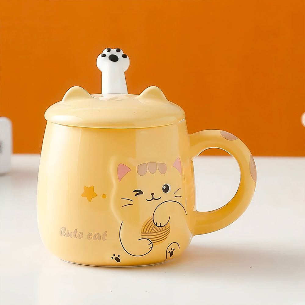 Adorable Mug Jaune pour Enfant avec Cuillère Patte et Couvercle Oreilles 