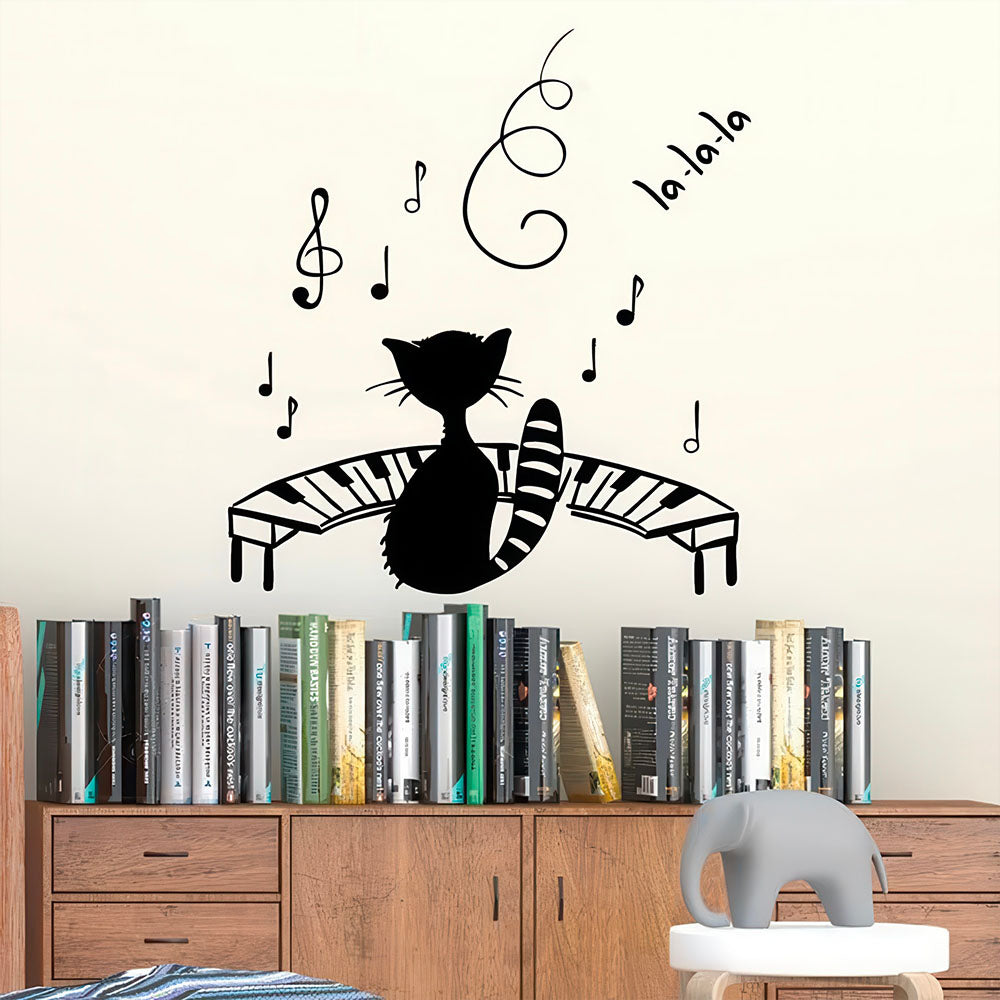 Chat Noir Face à un Piano Notes et Clé de Sol Sticker