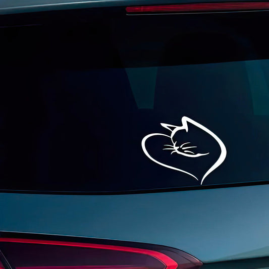 Petit Chat Fondu dans un Coeur Dessin style Trait Sticker Blanc Auto