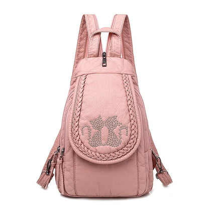 Sac à Dos Motif Strass Deux Chatons en cuir d'Agneau Lavé Rose