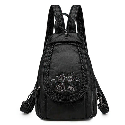 Sac à Dos pour Femme en Vrai Cuir Noir Motif Deux Chats en Strass 