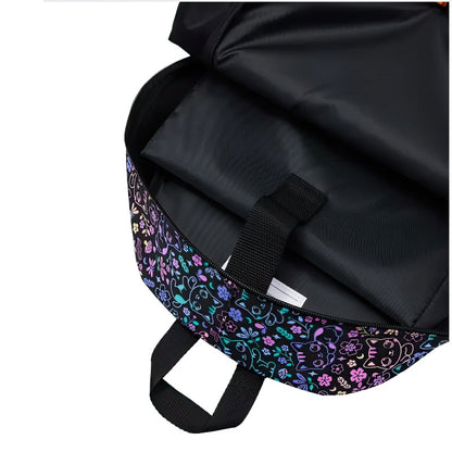 Sac à Dos Collégiennes Motifs Chat et Fleurs Ton Noir Rose de Qualité