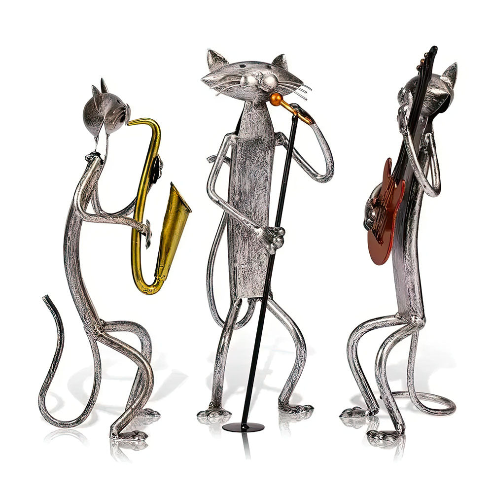 Trio Chats Chanteur Saxophoniste Guitariste Statues Fer Forgé