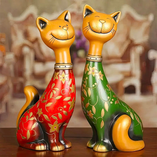 Couple Chats Fiers Vert et Rouge et Jaune Belles Statues 