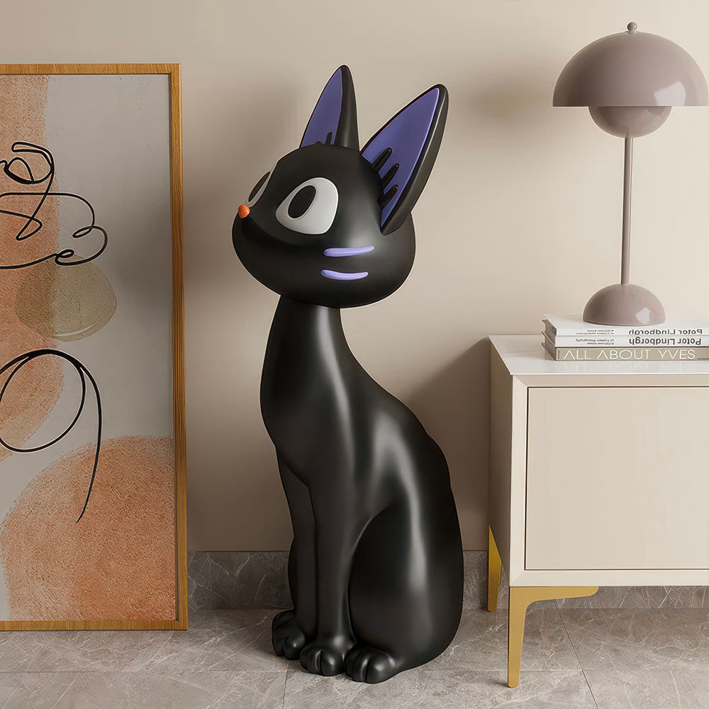 Statue Résine Chat Mignon Noir Style Cartoon Debout Vue de Côté