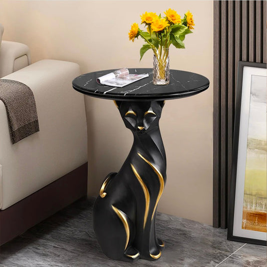 Luxueuse Statue Chat Noir Table d'Appoint Dorée