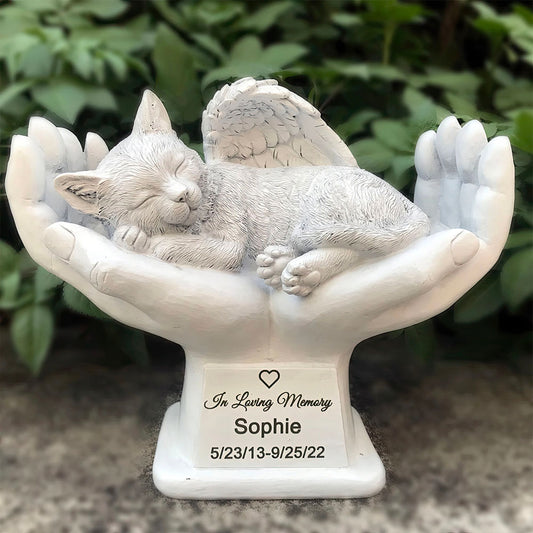 Statue tombale Adorable Chaton Dans le Creux des Mains pour Commémoration Blanc 