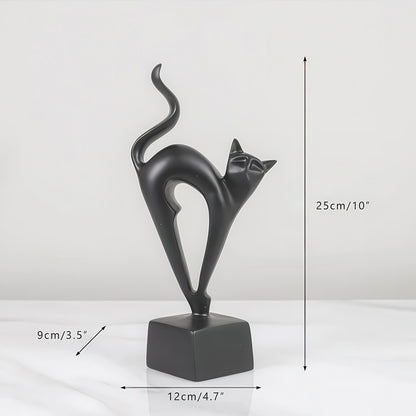 Statuette Chat Noire en Résine qui s'Etire Queue en L'Air