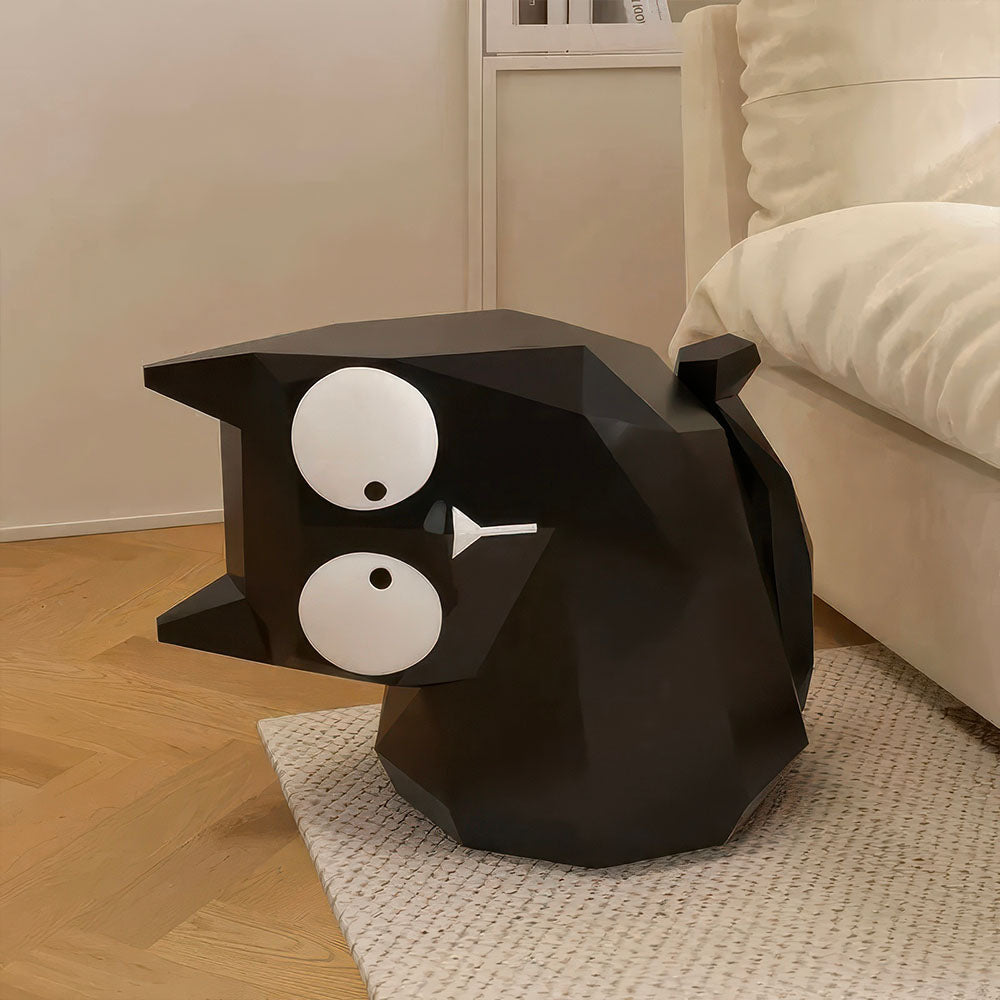 Chat Noir Couché Style Cubique Statue Table d'Appoint