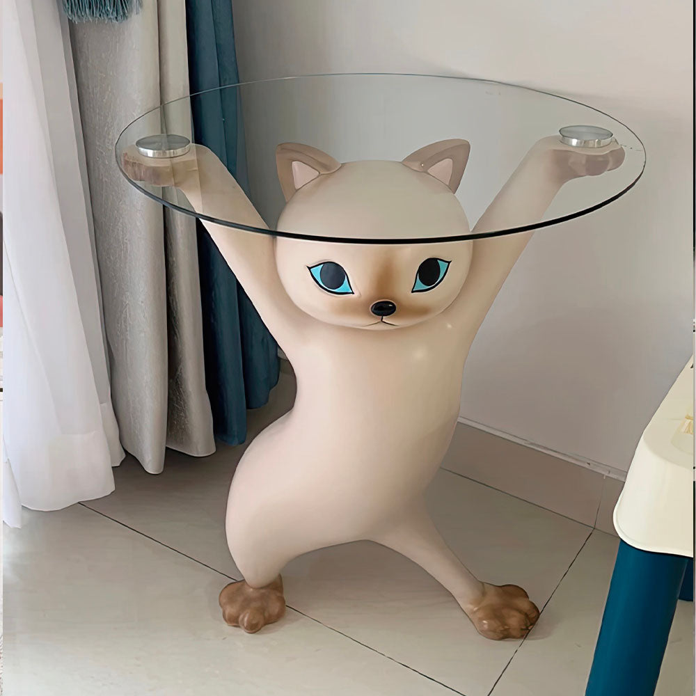 Chat Mignon Portant à bout de Bras un Plateau Rond en Verre Statue Résine
