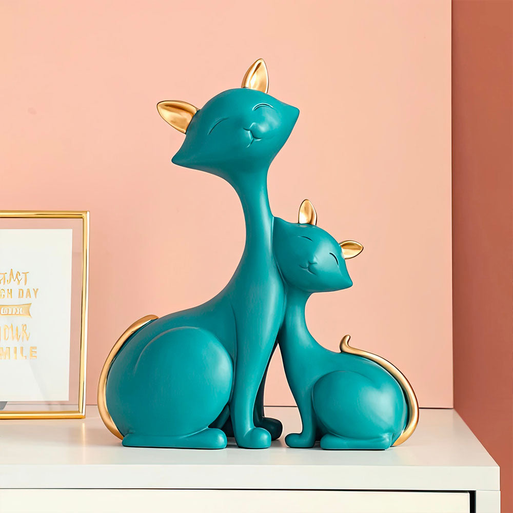 Statue de Chatte et son Chaton Verte et Détails Dorés