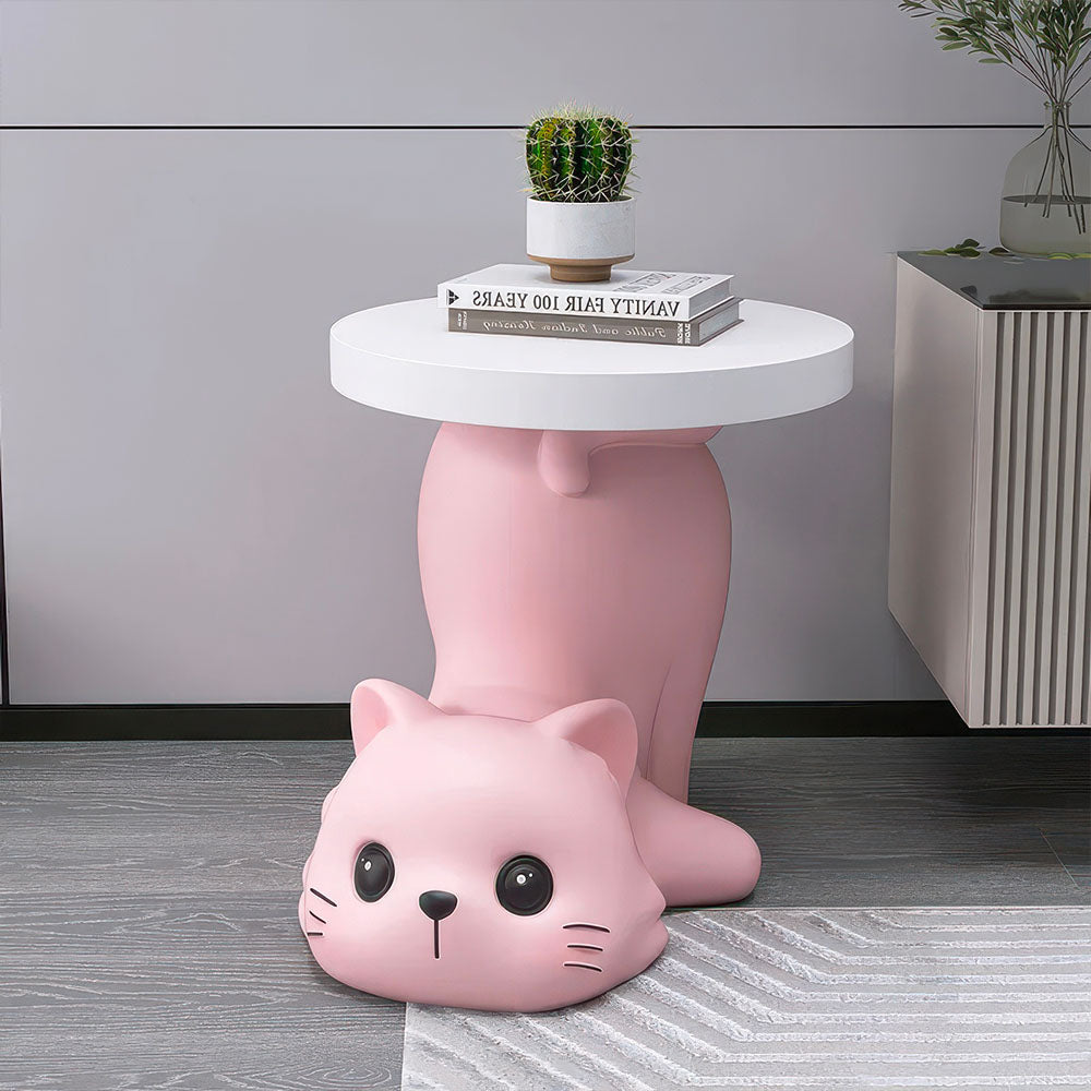 Chat Mignon Rose Statue en Table d'Appoint